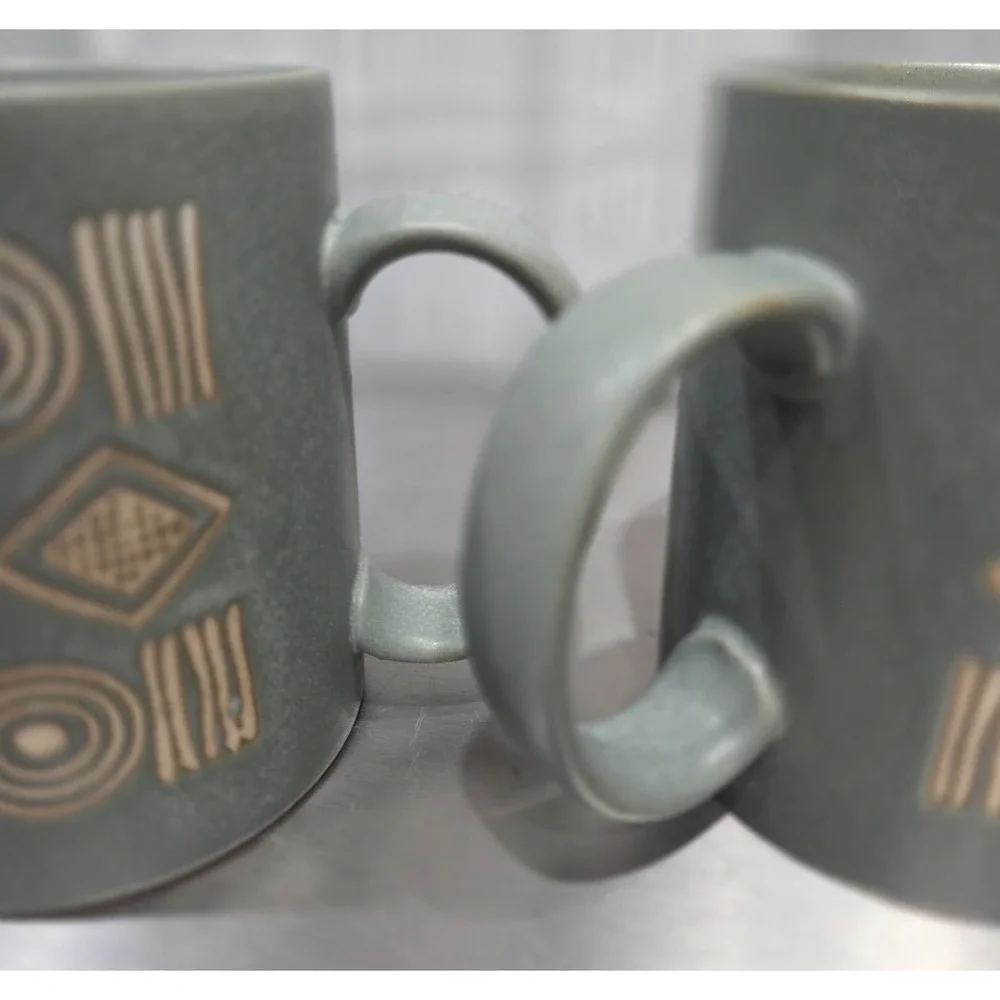 Pottery Barn Set Of 3‎ Vintage Aztec Graffito Bongo Green Mugs